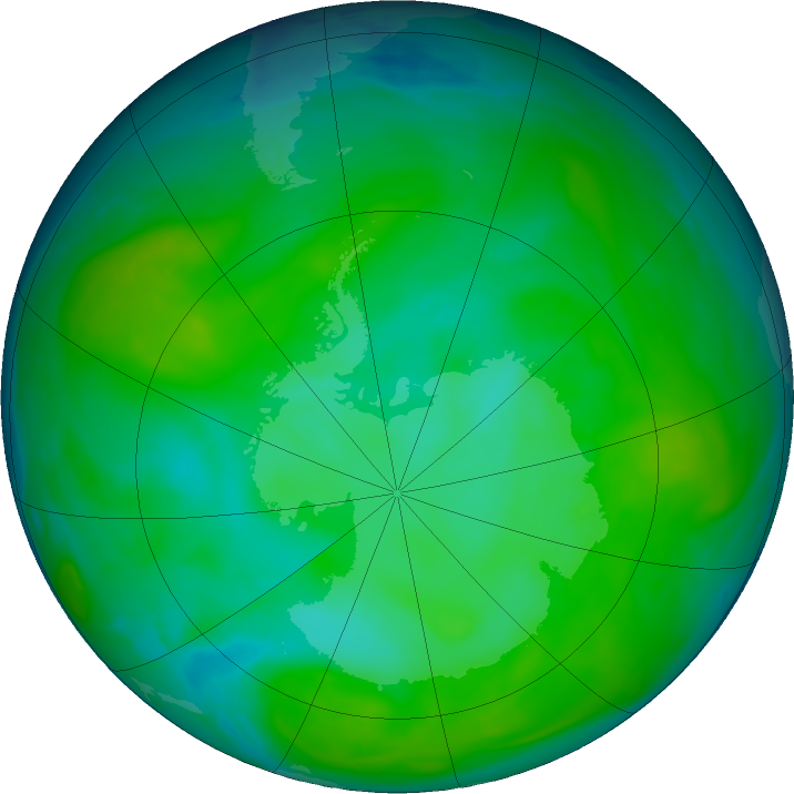 Antarctic ozone map for 31 December 2019